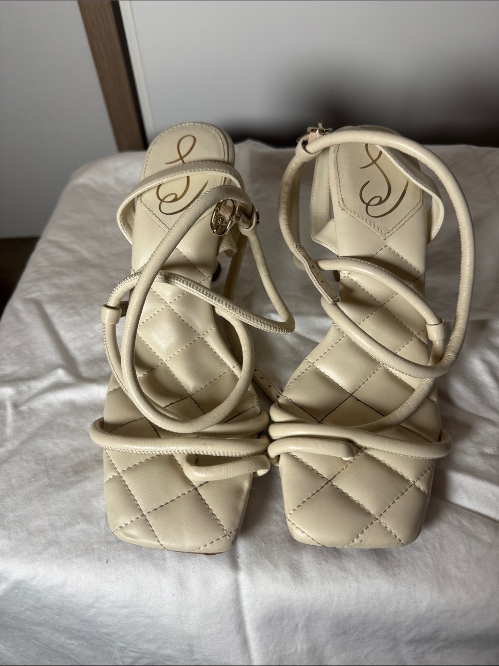 Sam Edelman Cream Quilted Strappy Heeled Sandals